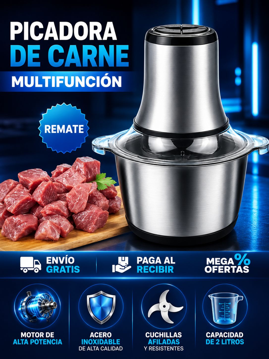 MOLINO PICADOR ELECTRICO ACERO INOXIDABLE 💥2 LITROS💥TAMANO GRANDE ✅