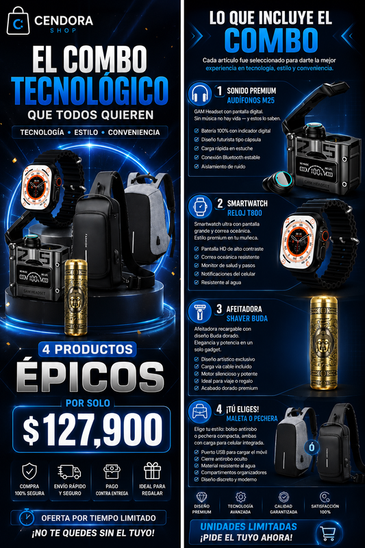 SUPER COMBO 4 EN 1: RELOJ T800+ MALETA O PECHERA ANTIROBO+ AUDIFONOS M25+ SHAVER