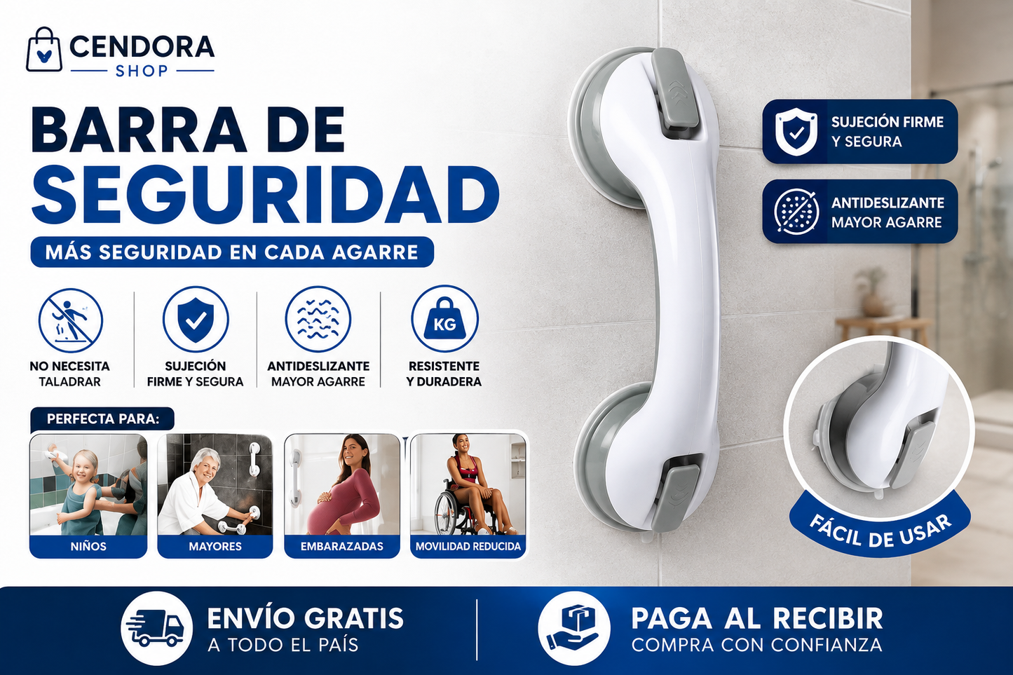 Barra de Apoyo para Baño con Ventosa