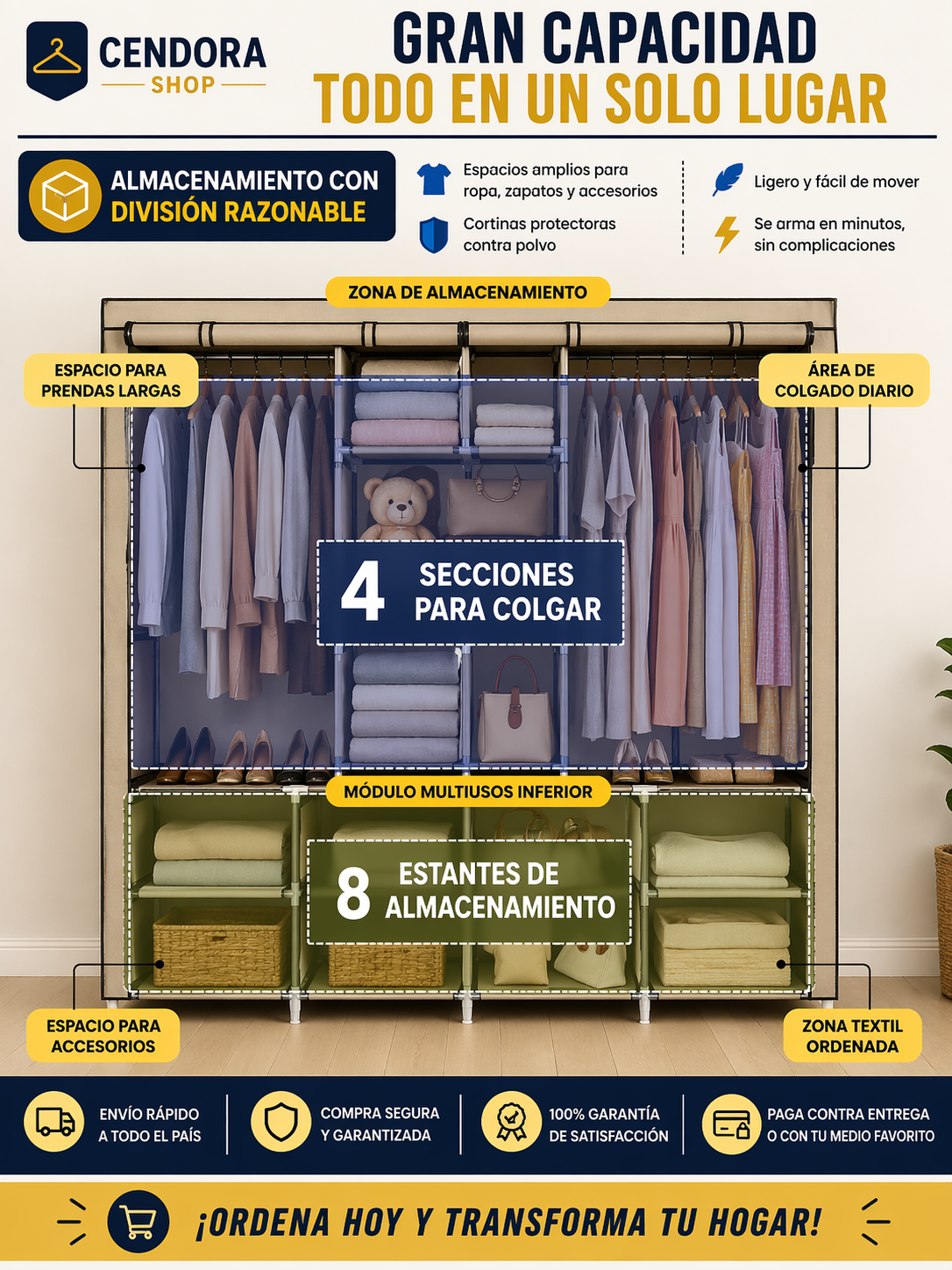 🏠 CLOSET 4 PUESTOS DESARMABLE DE TELA + ZAPATERO