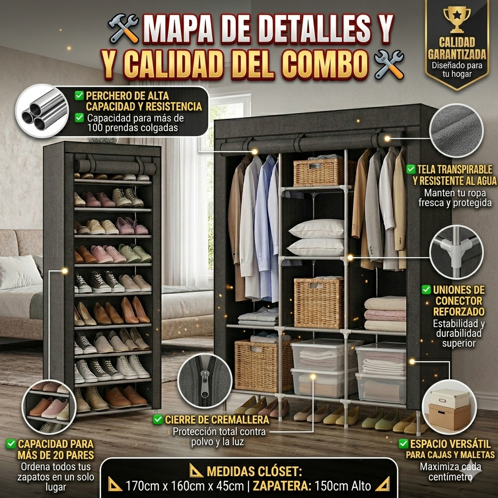 🏠 CLOSET 4 PUESTOS DESARMABLE DE TELA + ZAPATERO