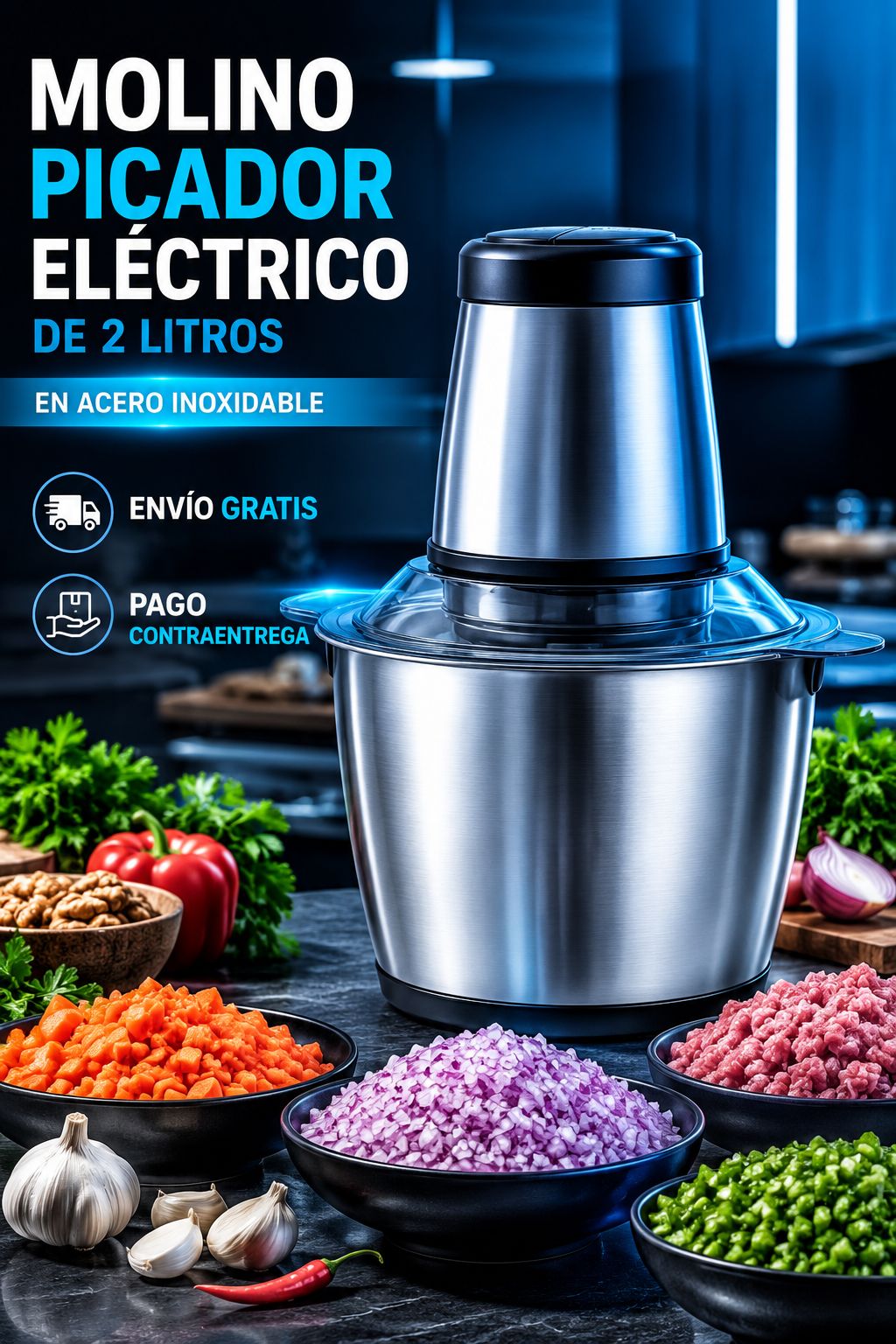 MOLINO PICADOR ELECTRICO ACERO INOXIDABLE 💥2 LITROS💥TAMANO GRANDE ✅
